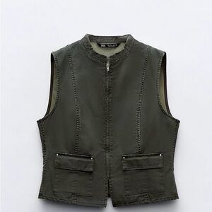 Zara Dark Olive Zip-Up Utility Vest/Mini Skirt Set